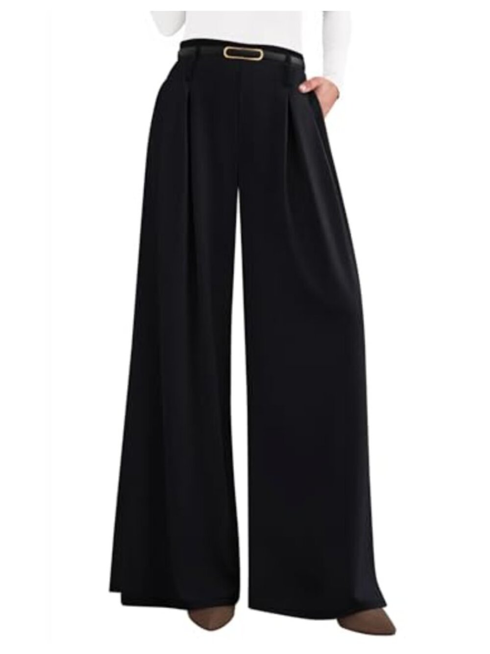 Wide Leg High Waisted Trousers with Belt Loops Flowy Pleated Pants